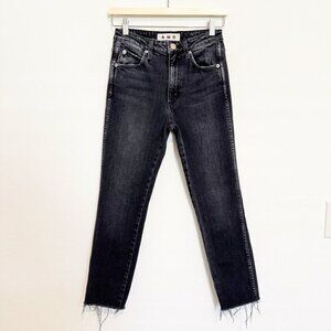 AMO Denim High Rise Stix Cropped Jeans Frayed Hem Anthropologie Washed Black 26